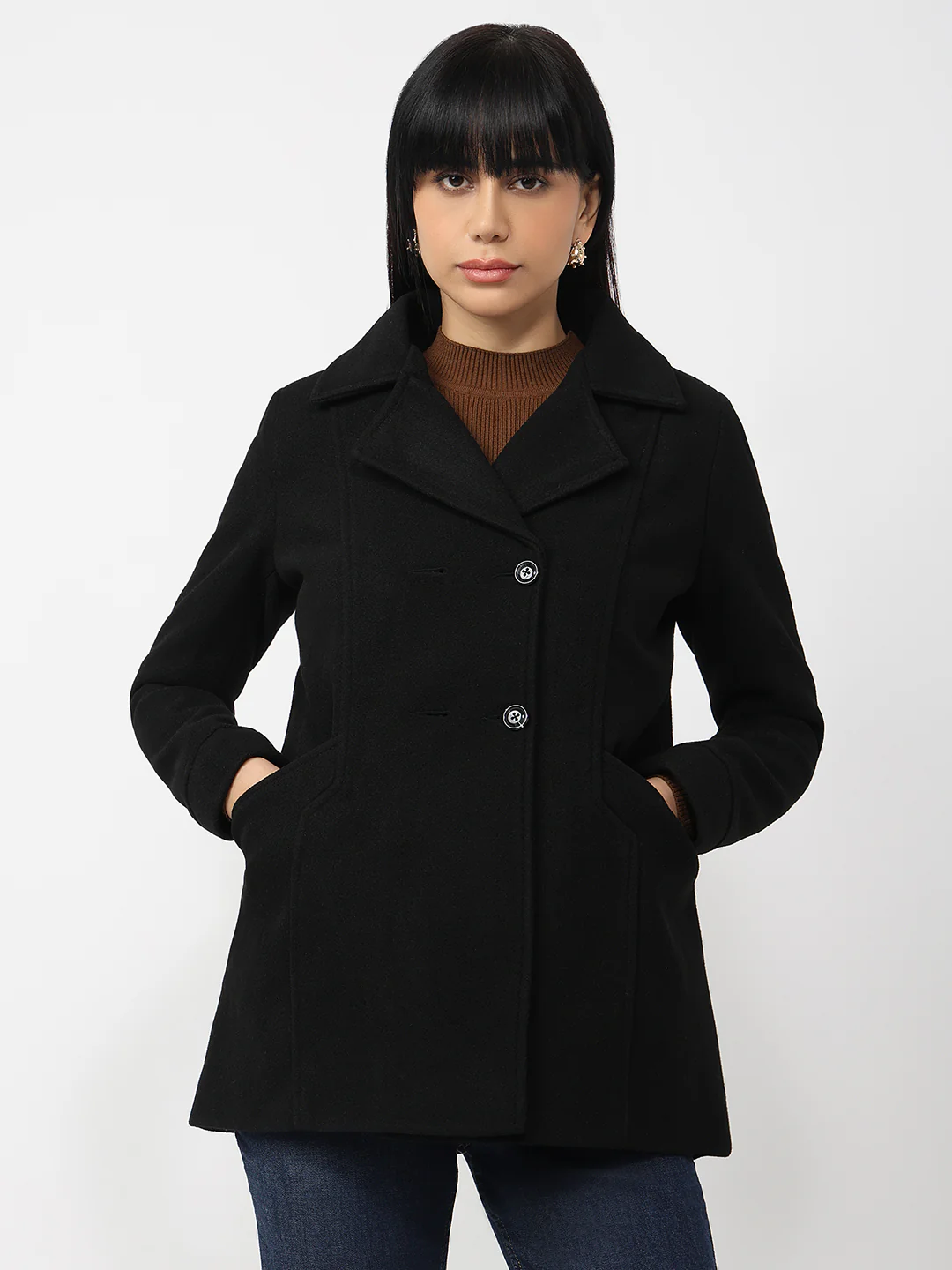 Women Black Slim Fit Coat - Image 2