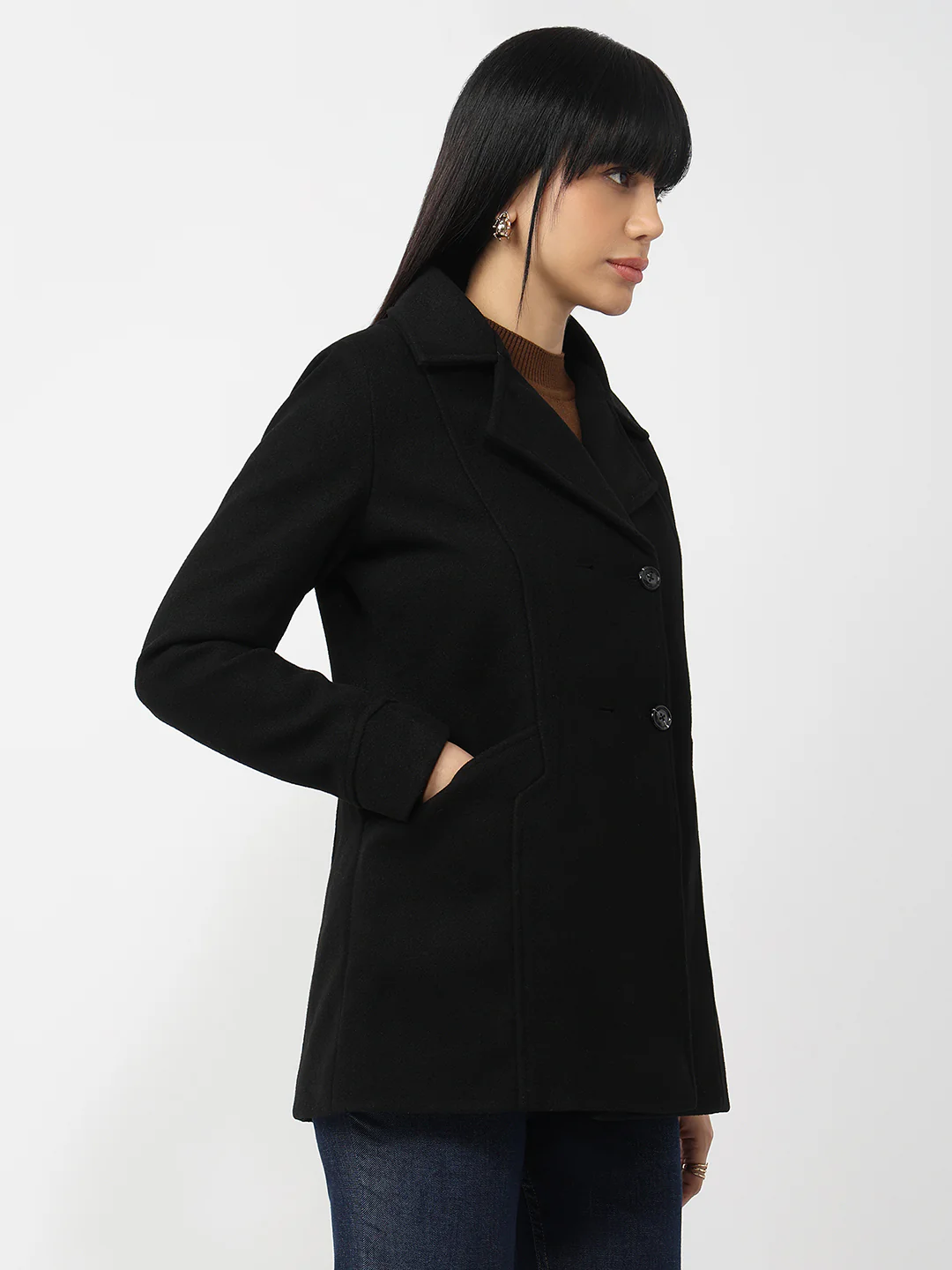 Women Black Slim Fit Coat - Image 4