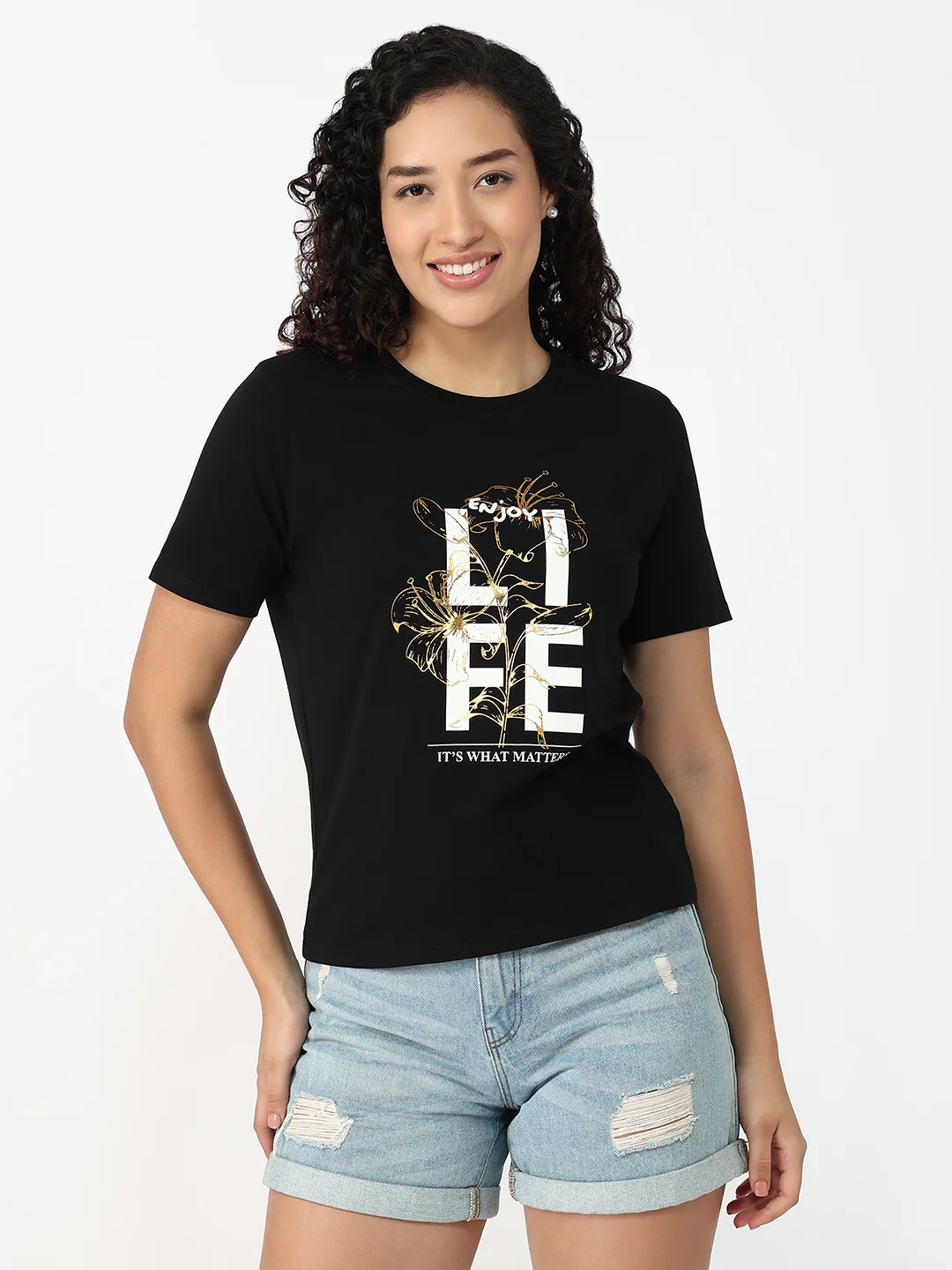 Women Black Slim Fit Graphic T-Shirt - Image 2