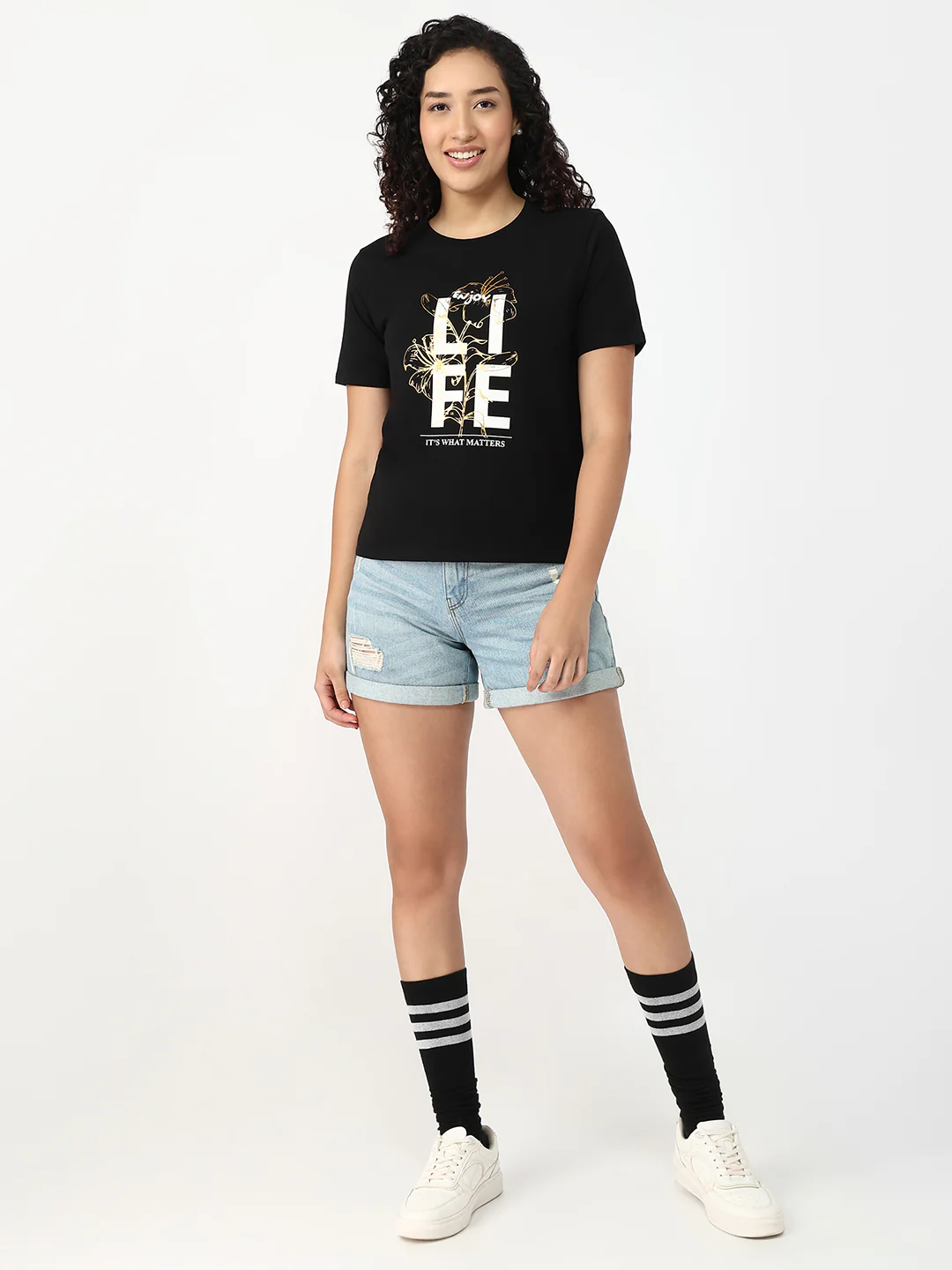 Women Black Slim Fit Graphic T-Shirt - Image 4