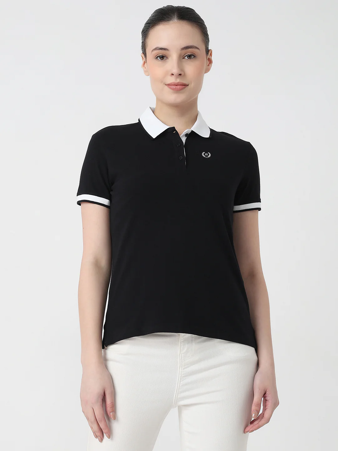 Women Black Slim Fit Polo T-Shirt - Image 2