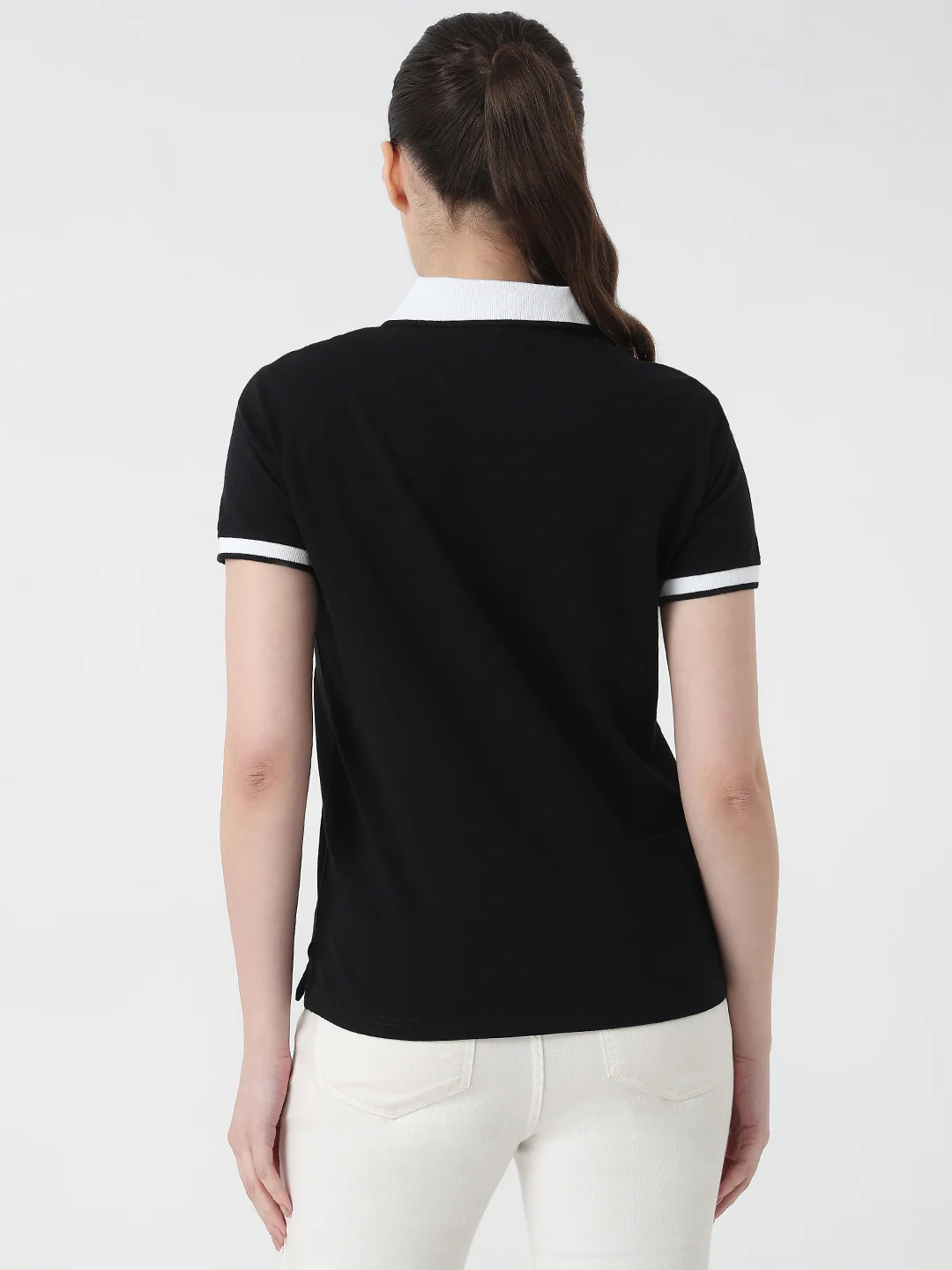 Women Black Slim Fit Polo T-Shirt - Image 3
