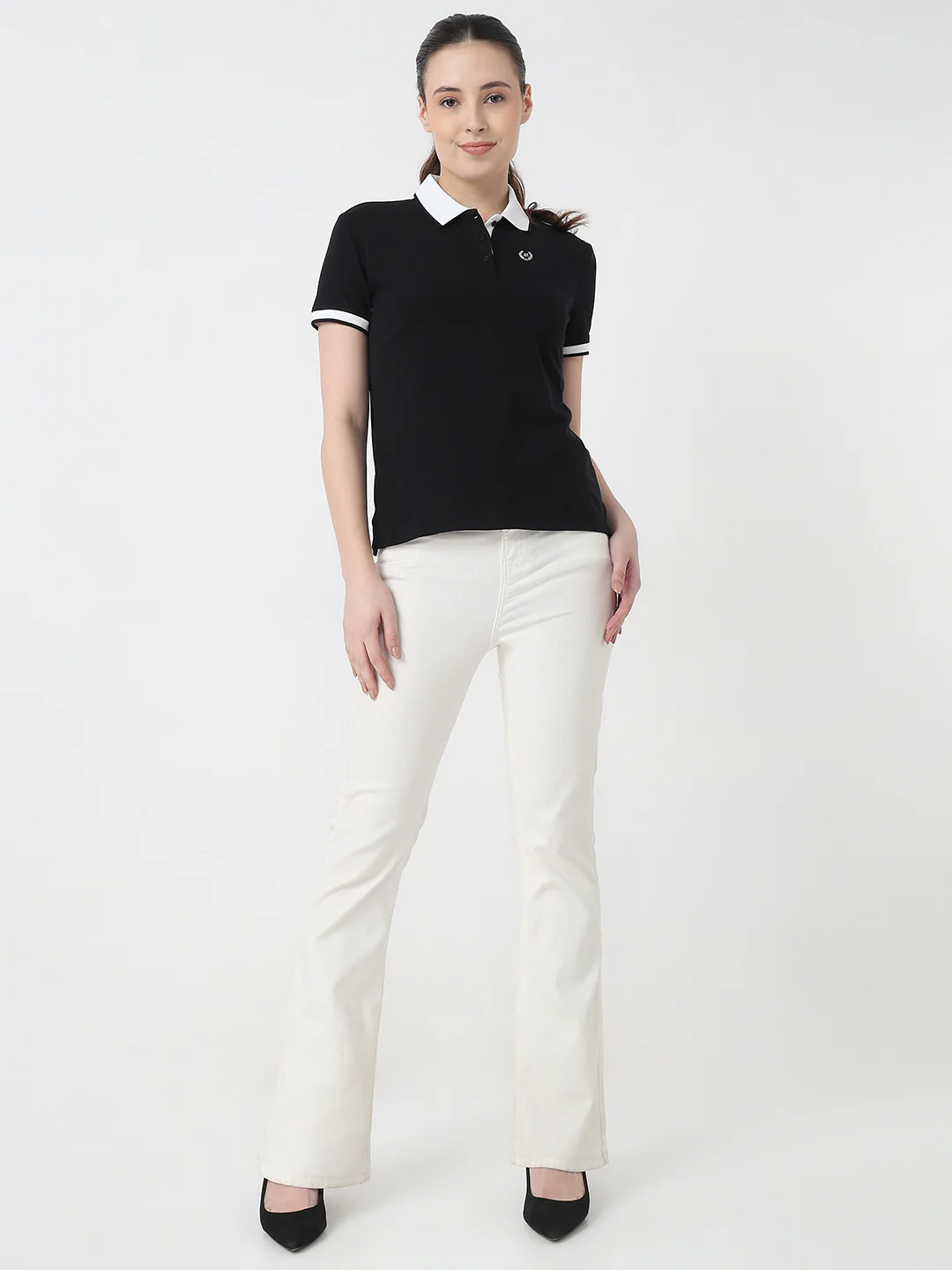 Women Black Slim Fit Polo T-Shirt - Image 4