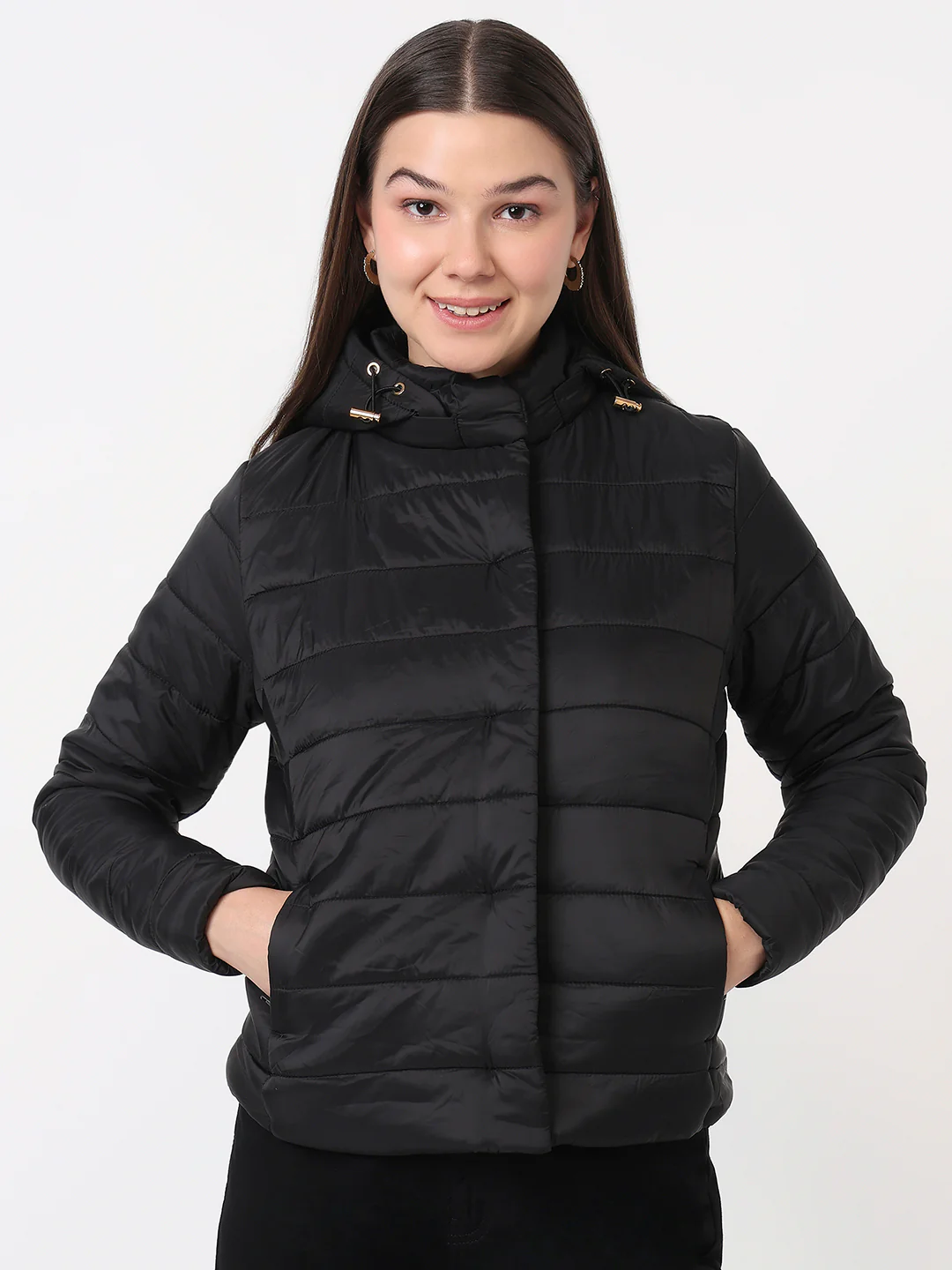 Women Black Slim Fit Winter Jacket - Image 2