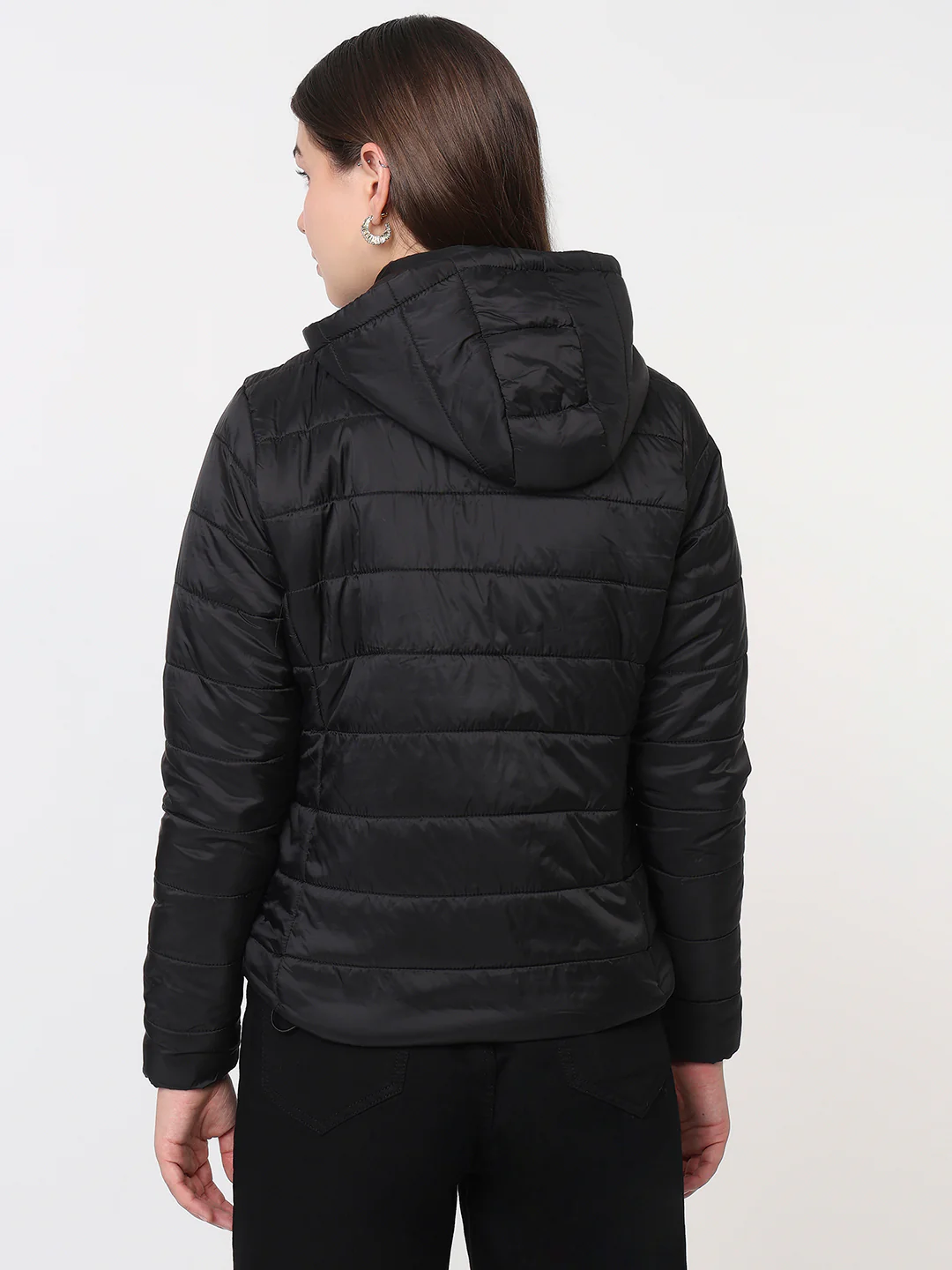 Women Black Slim Fit Winter Jacket - Image 3