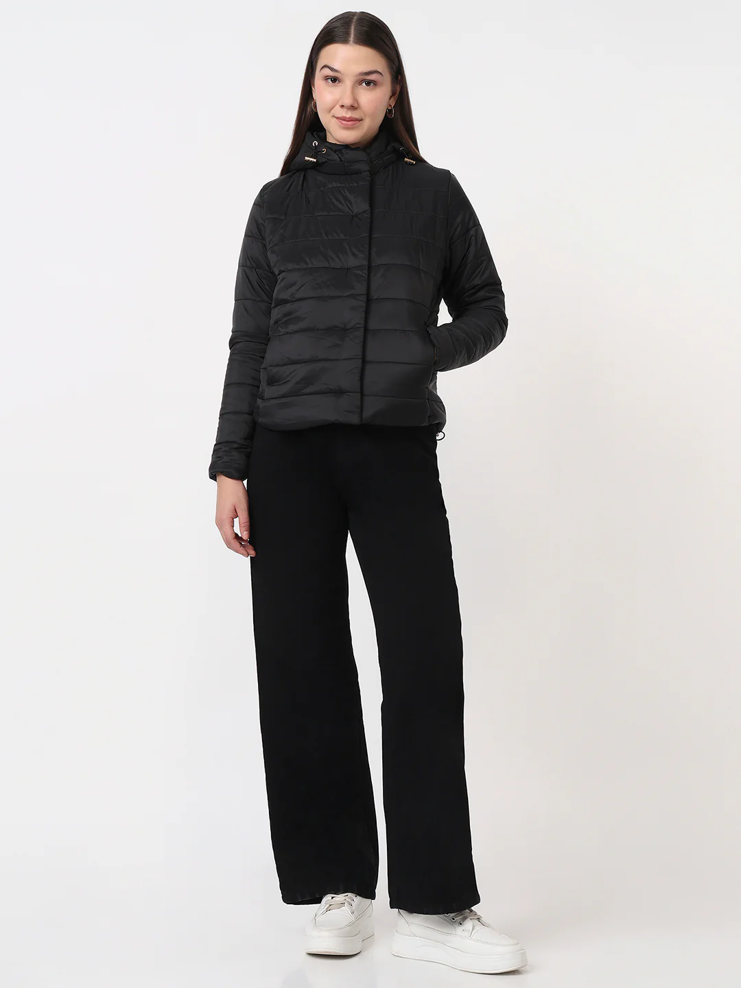 Women Black Slim Fit Winter Jacket - Image 4