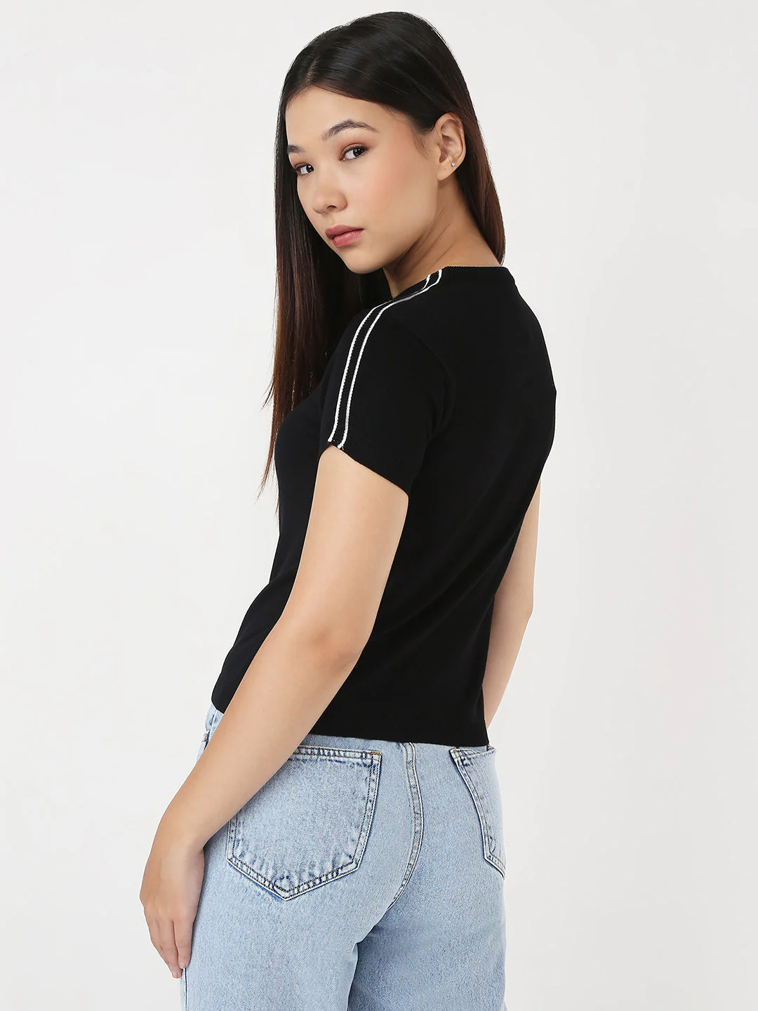 Women Black Slim Flat Knit Top - Image 3