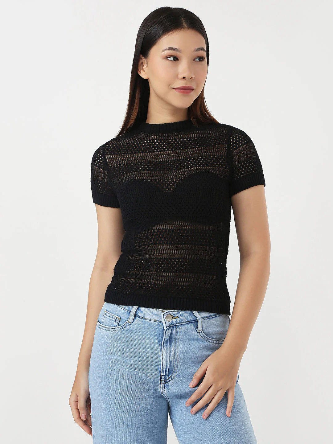Women Black Slim Flat Knit Top