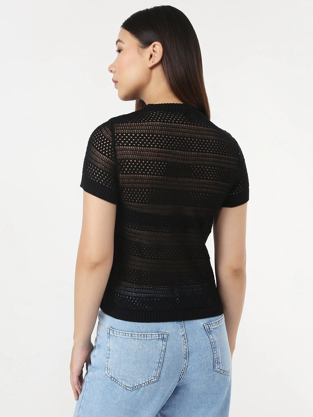 Women Black Slim Flat Knit Top - Image 3