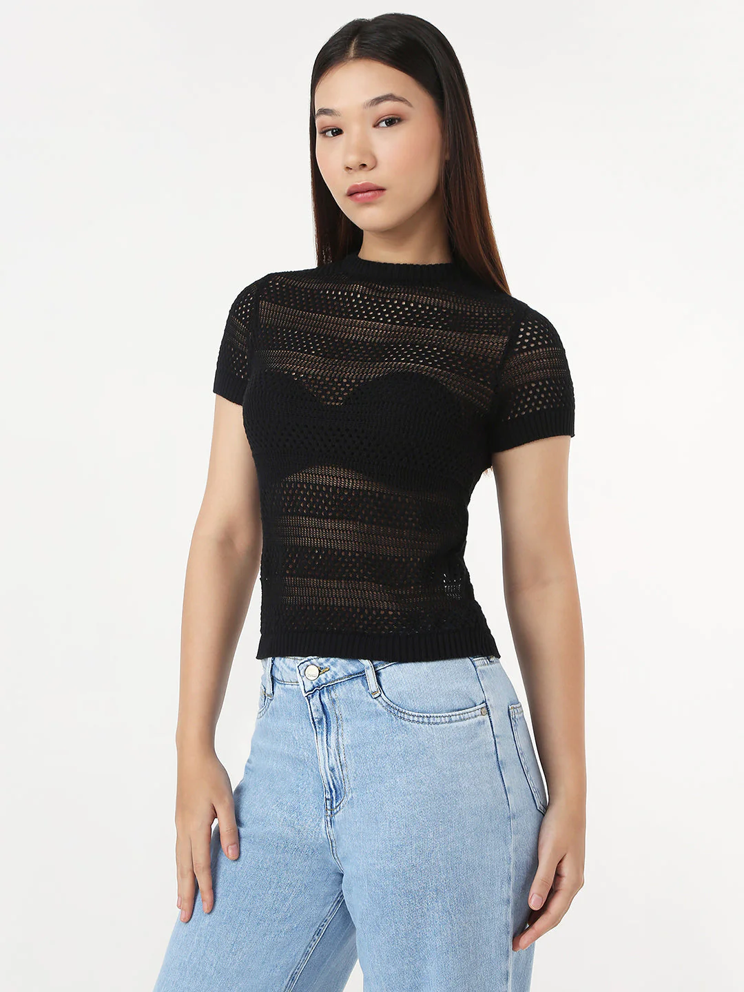 Women Black Slim Flat Knit Top - Image 4