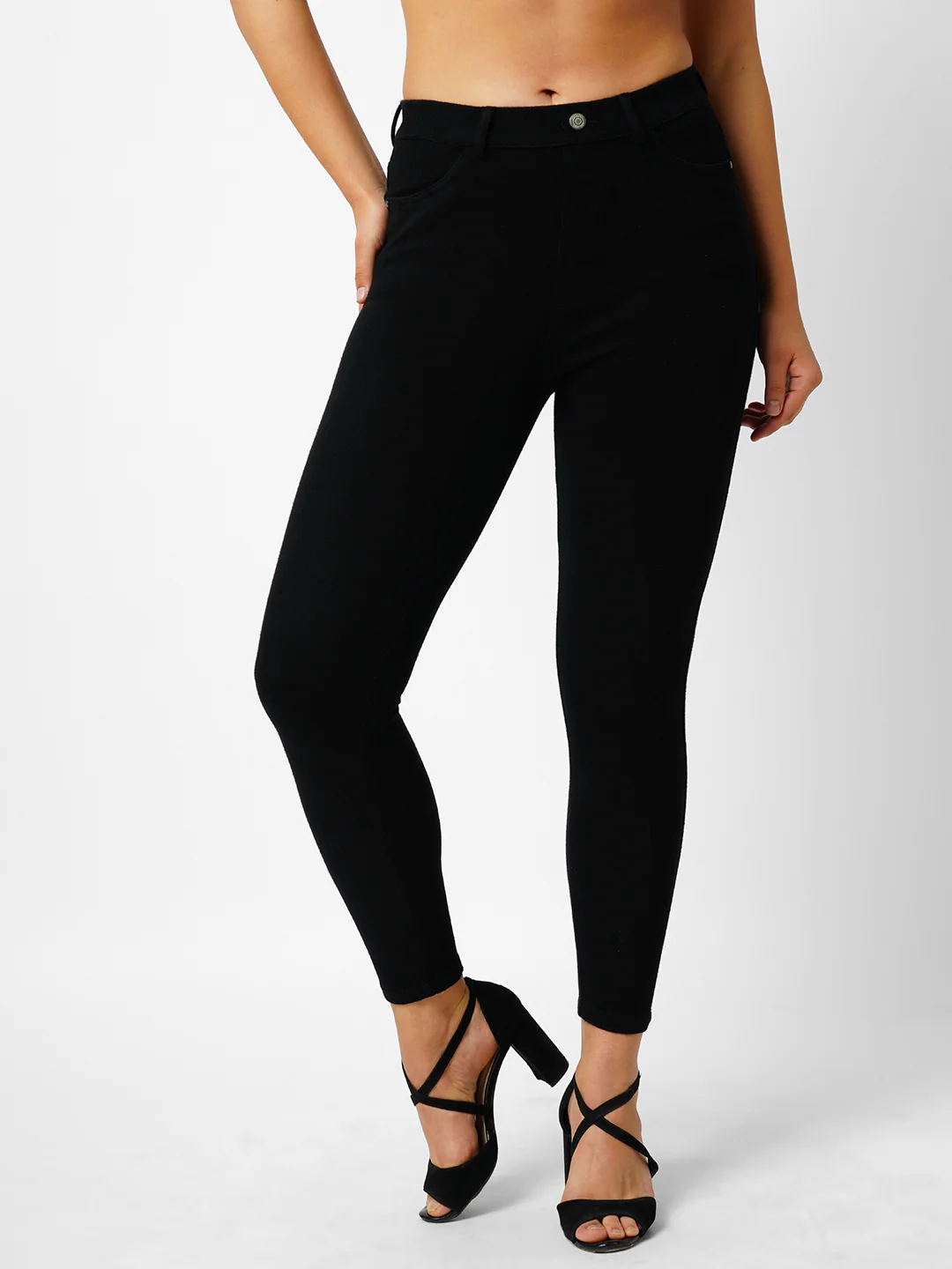 Women Black Solid Jeggings - Image 2