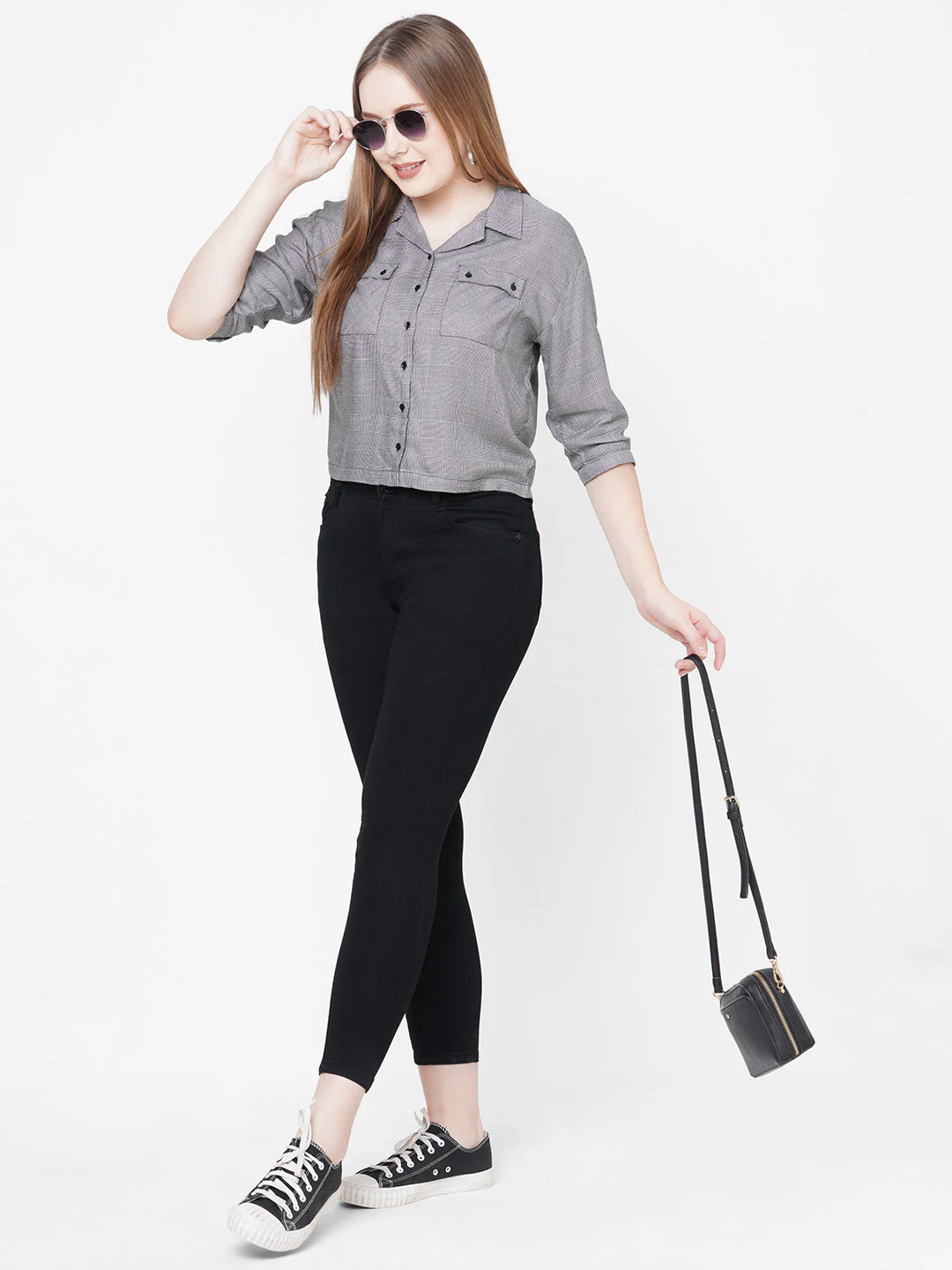 Women Black & White Checks Crop Shirt - Image 2