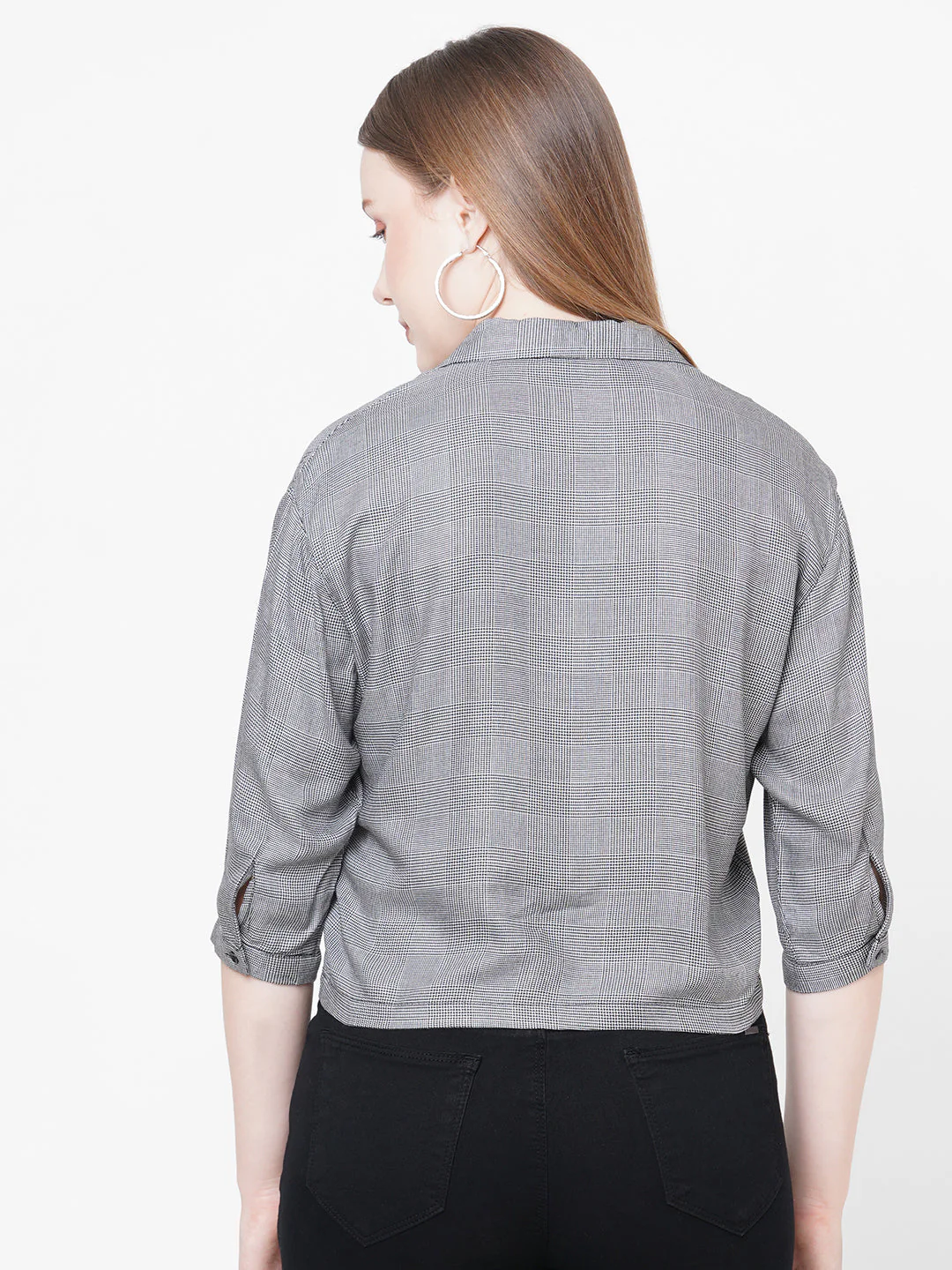 Women Black & White Checks Crop Shirt - Image 3
