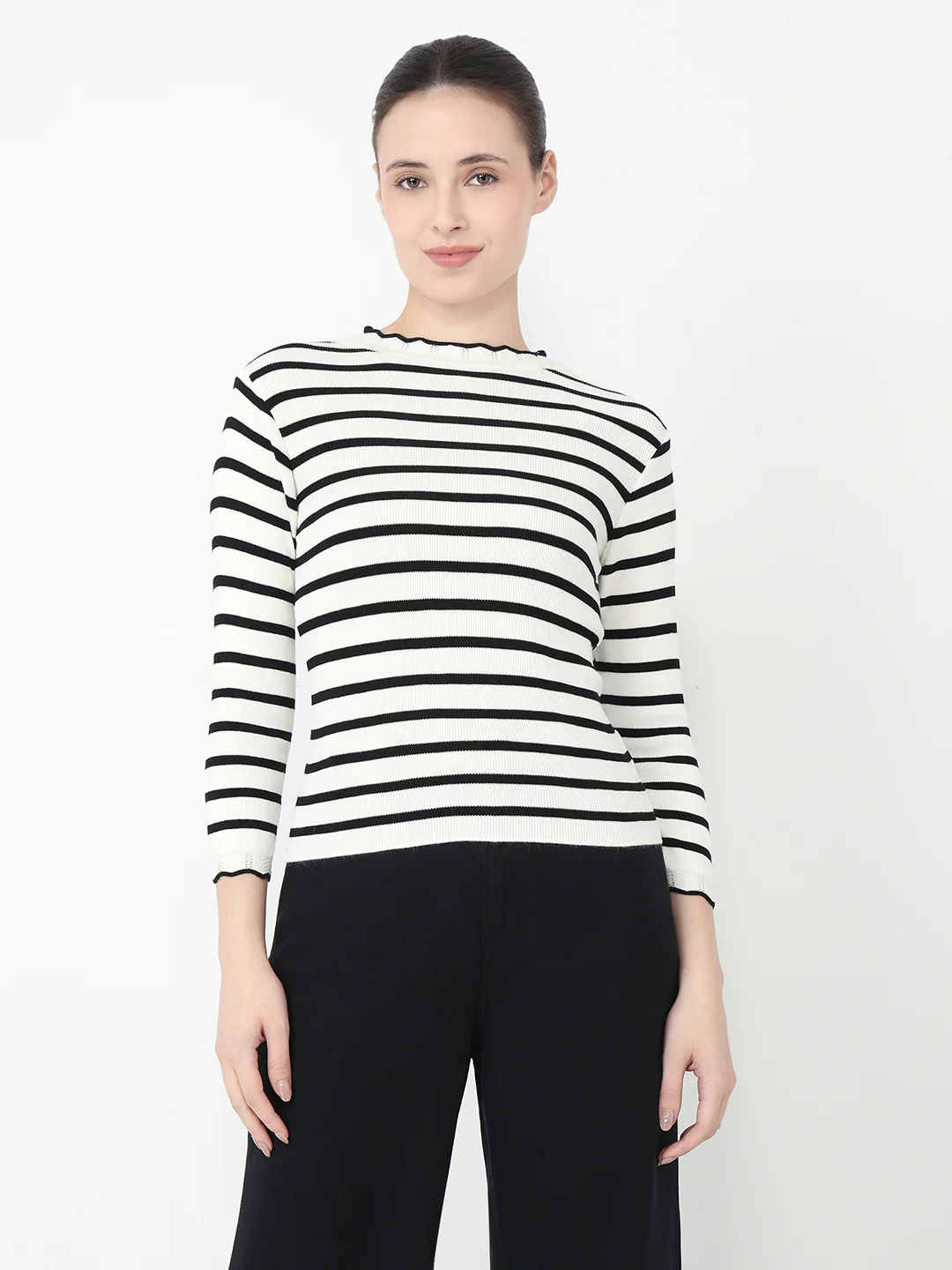 Women Black/White Slim Fit Flat Knit - Image 2