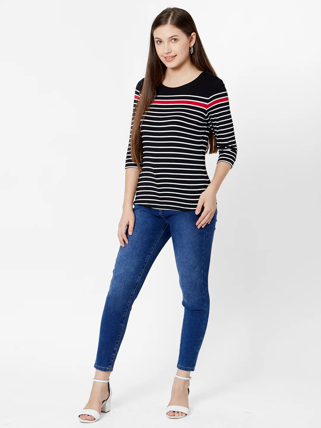 Women Black/White Slim Fit T-Shirt