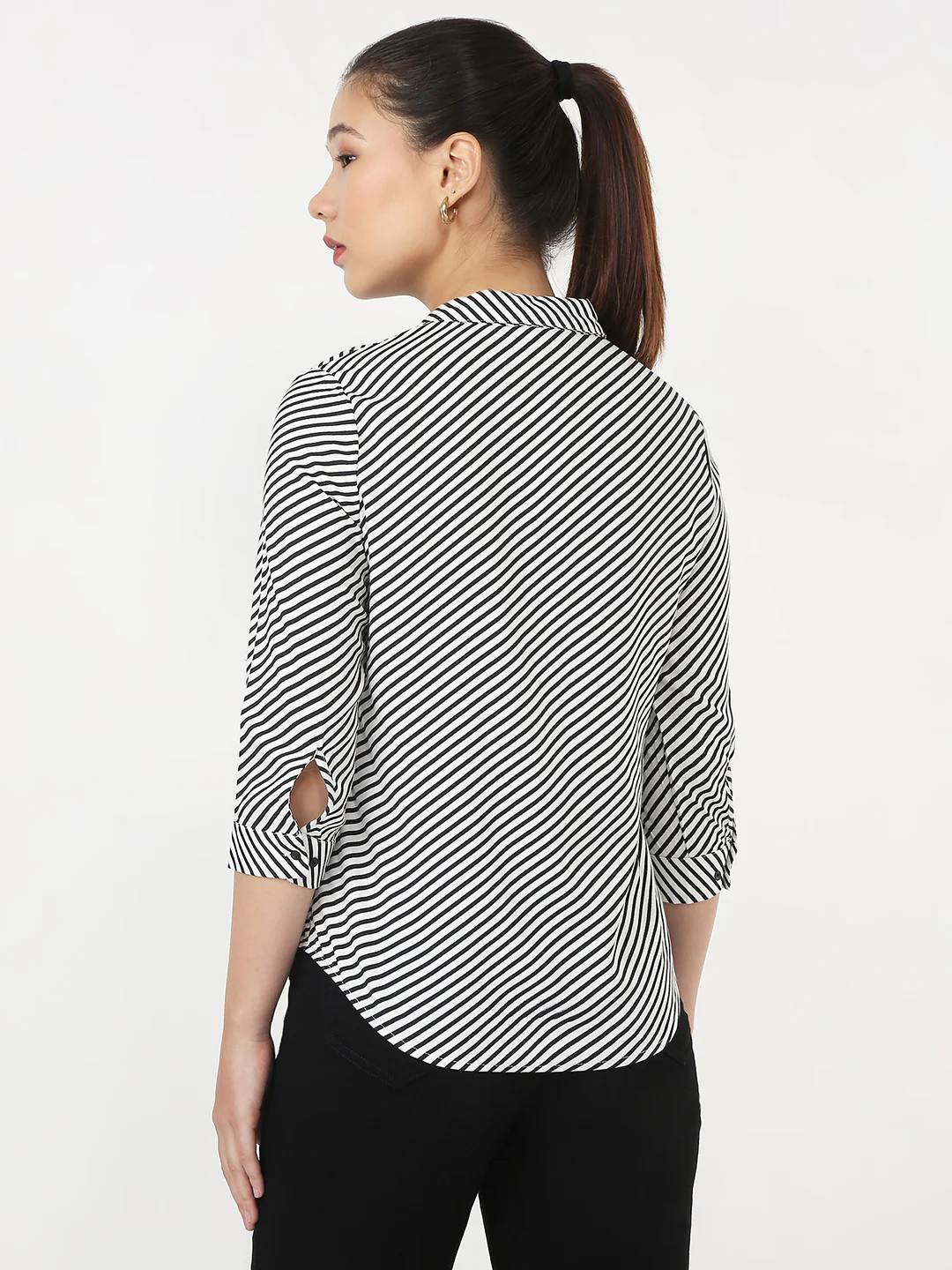Women Black & White Slim Stripe Shirt - Image 3