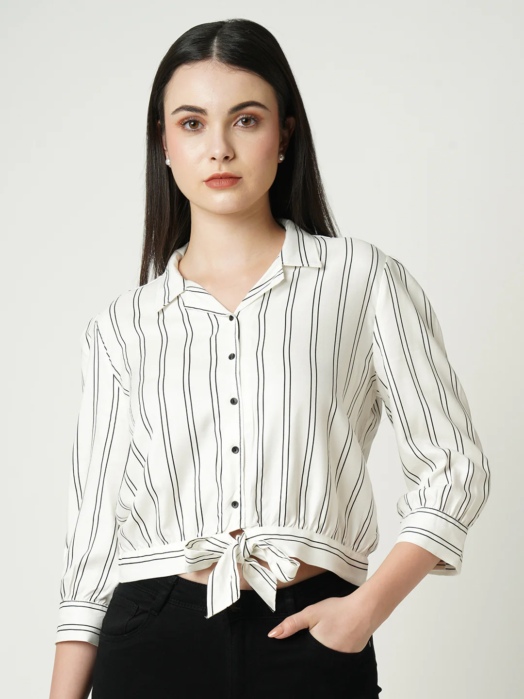 Women Black/White Stripe Crop Shirt - Image 2