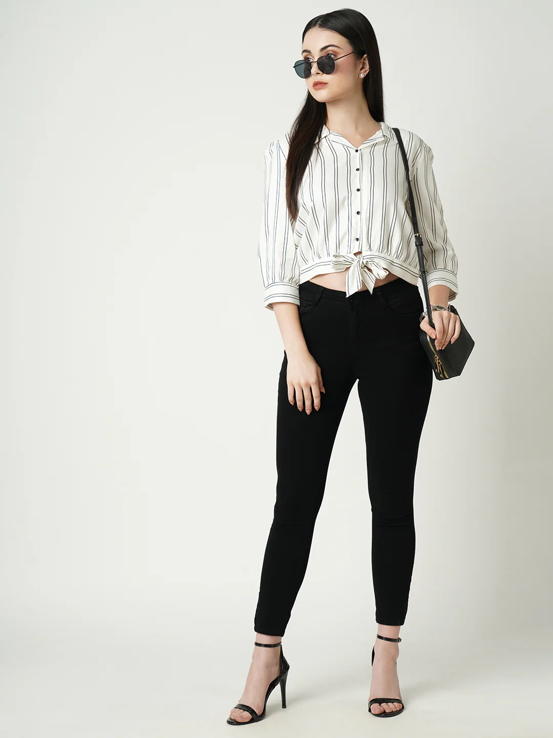 Women Black/White Stripe Crop Shirt - Image 4