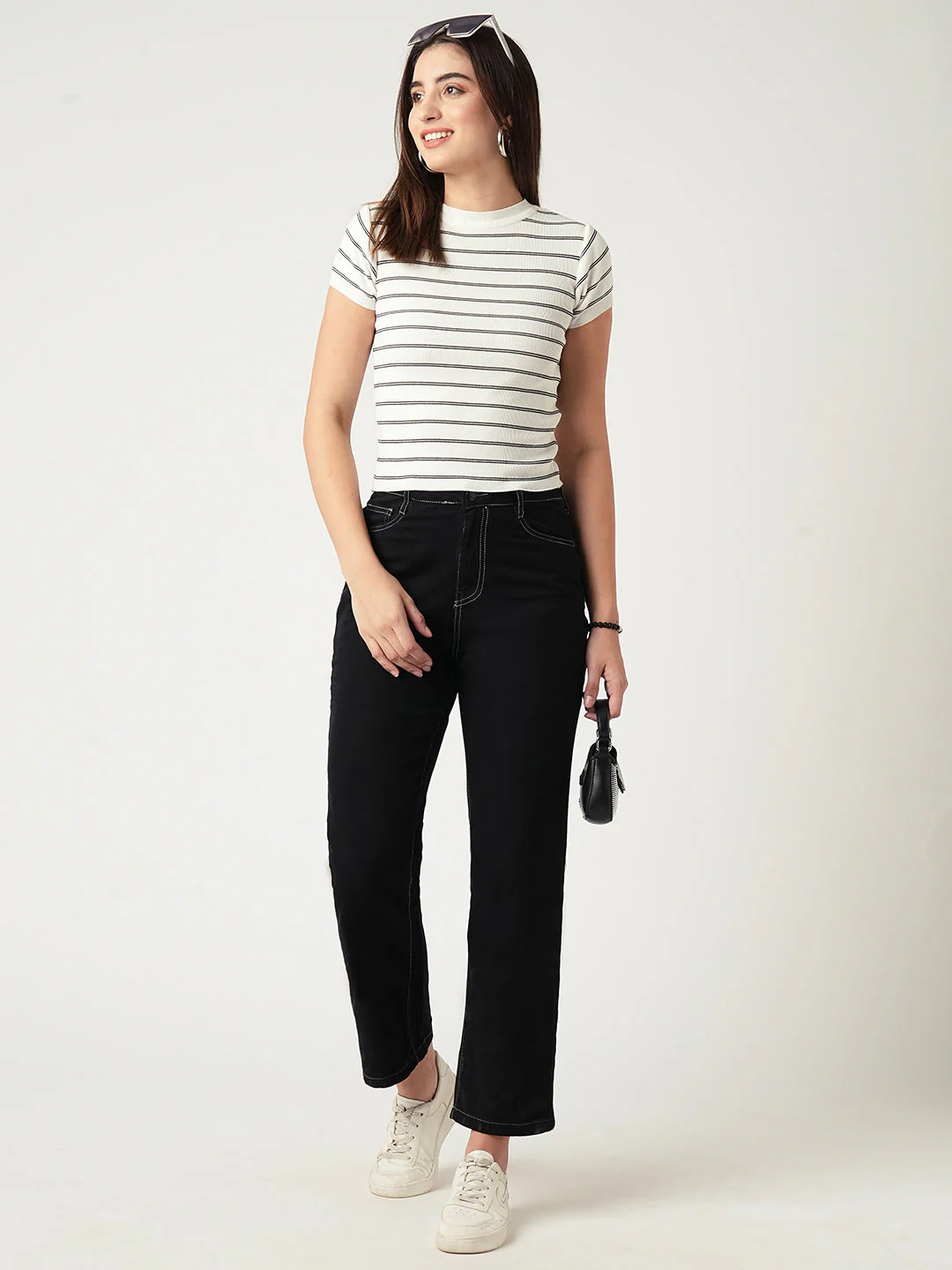 Women Black-White Striped Flat Knit Top - Image 2
