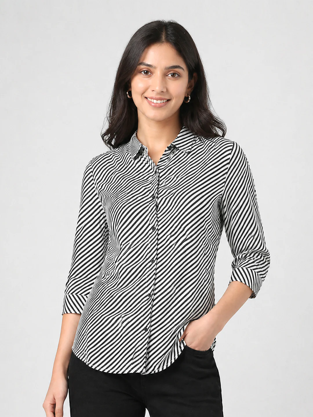Women Black/White Striped Shirt - Image 2