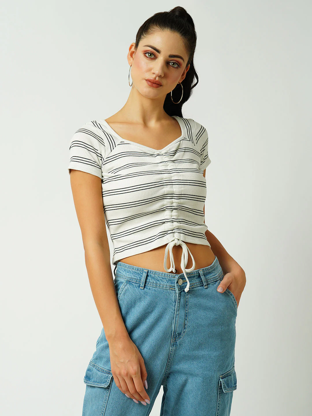 Women Black&White Striped Slim T-Shirt