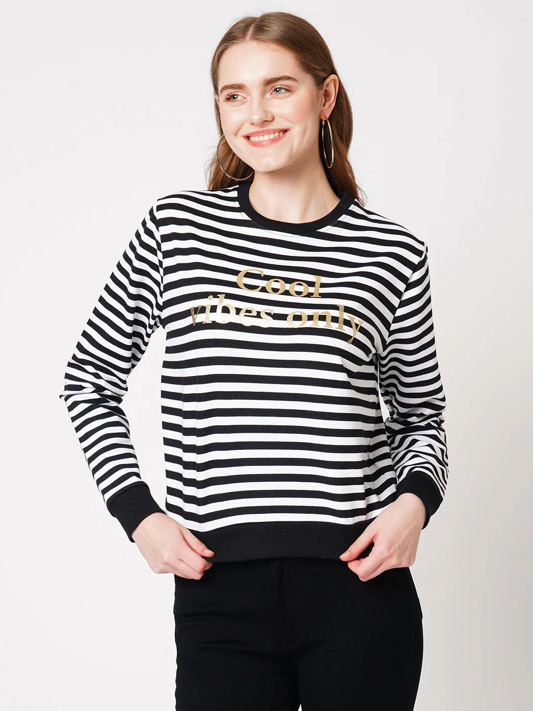 Women Black/White Striped Sweatshirt