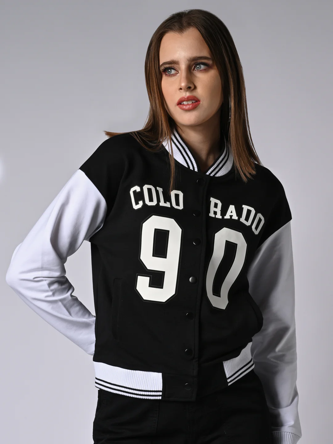 Women Black/White Varsity Jacket - Image 2