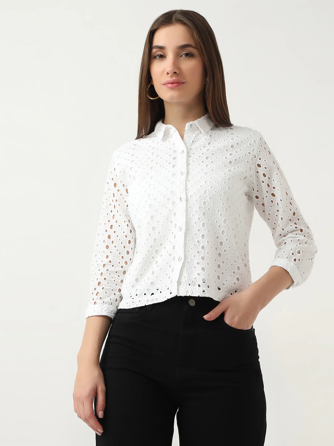 Women Bleach White Crop Schiffli Shirt - Image 2