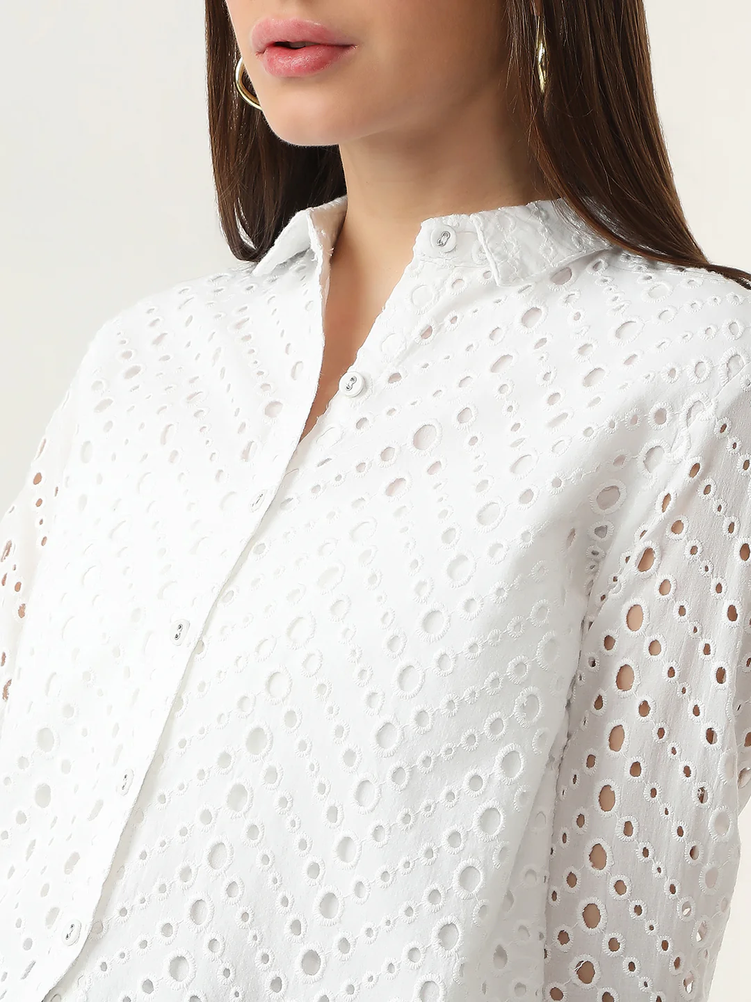Women Bleach White Crop Schiffli Shirt - Image 5