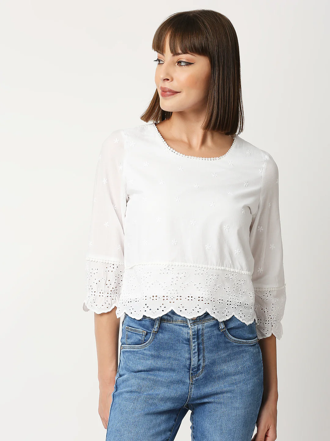 Women Bleach/White Crop Schiffli Top - Image 2