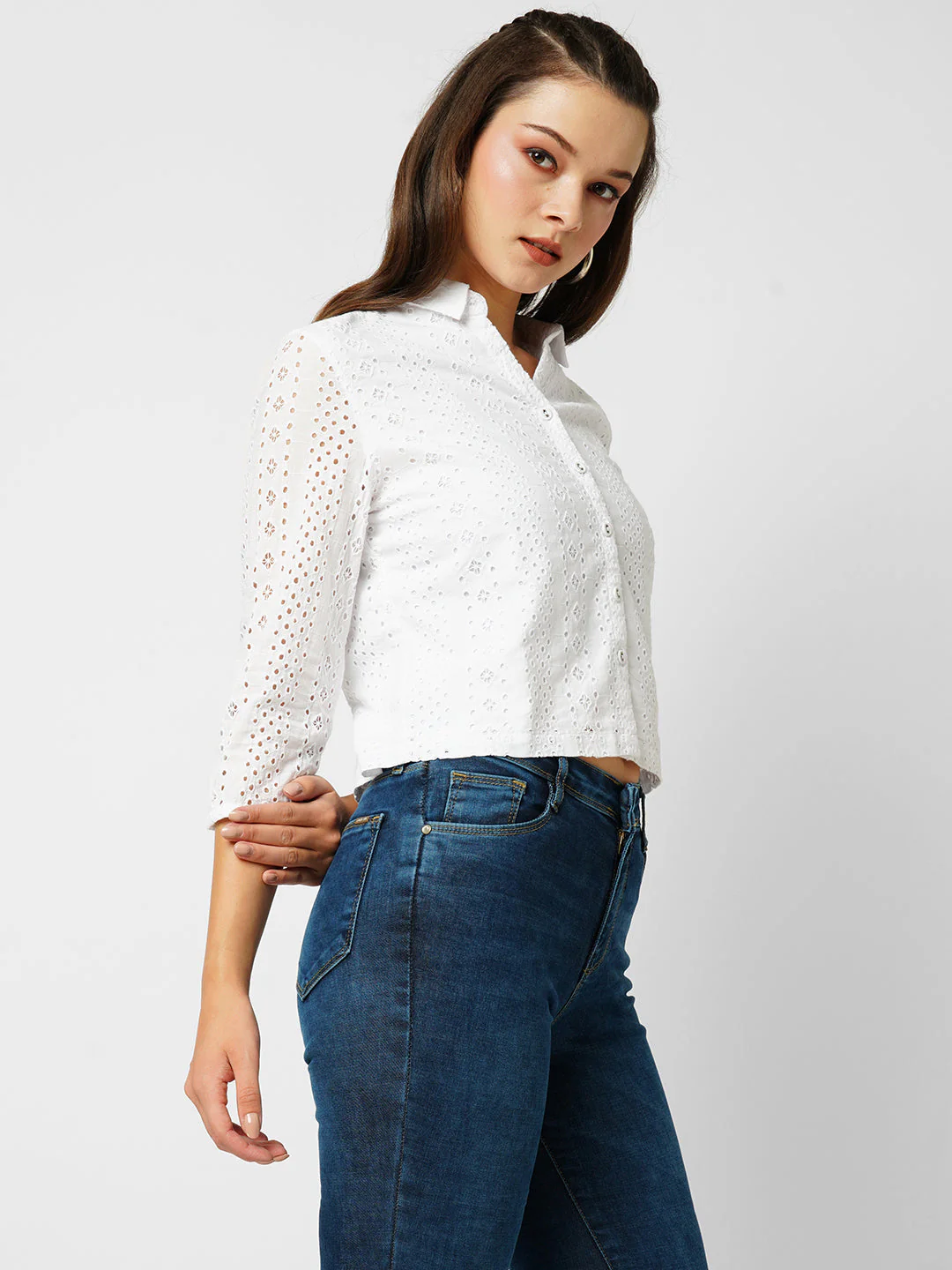 Women Bleach White Lace Slim Shirt - Image 4