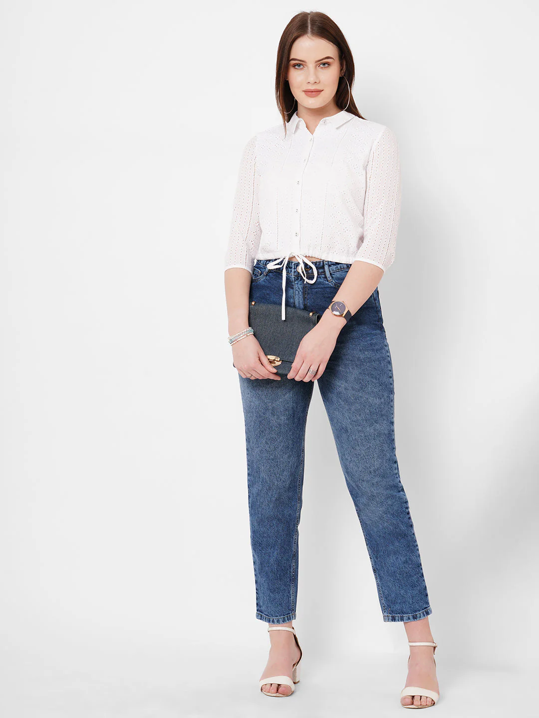 Women Bleach White Lace Slim Shirt - Image 2