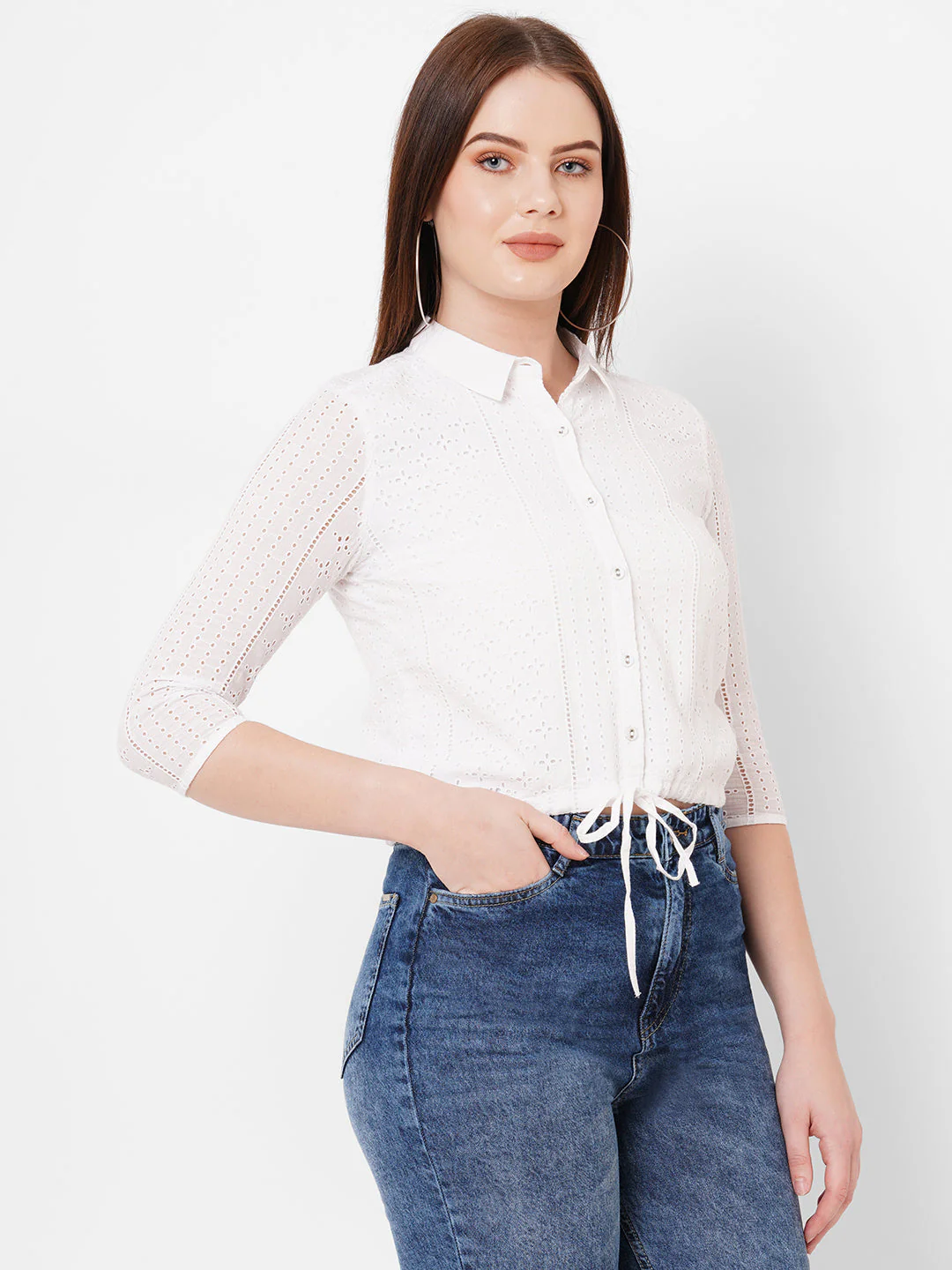 Women Bleach White Lace Slim Shirt - Image 4