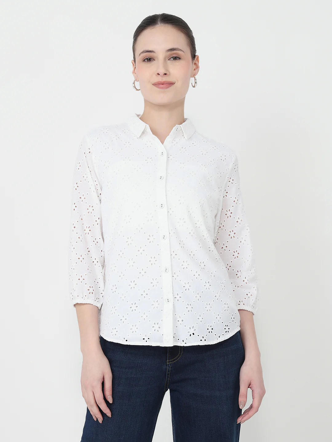 Women Bleach White Schiffli Shirt - Image 2
