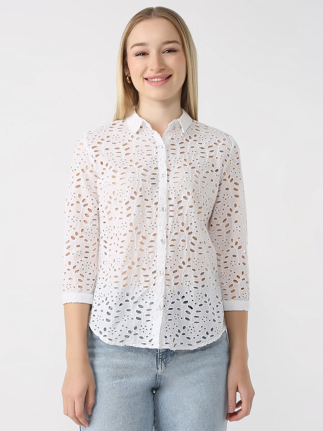 Women Bleach White Schiffli Shirt - Image 2