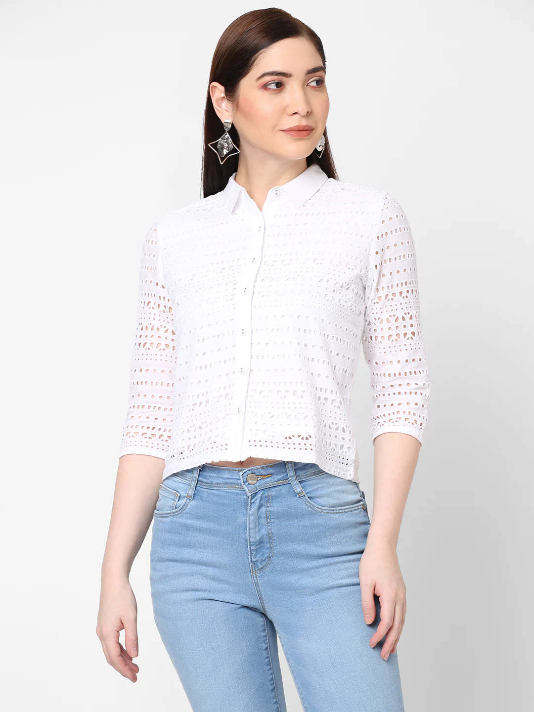 Women Bleack/White Crop Schiffli Shirt - Image 2
