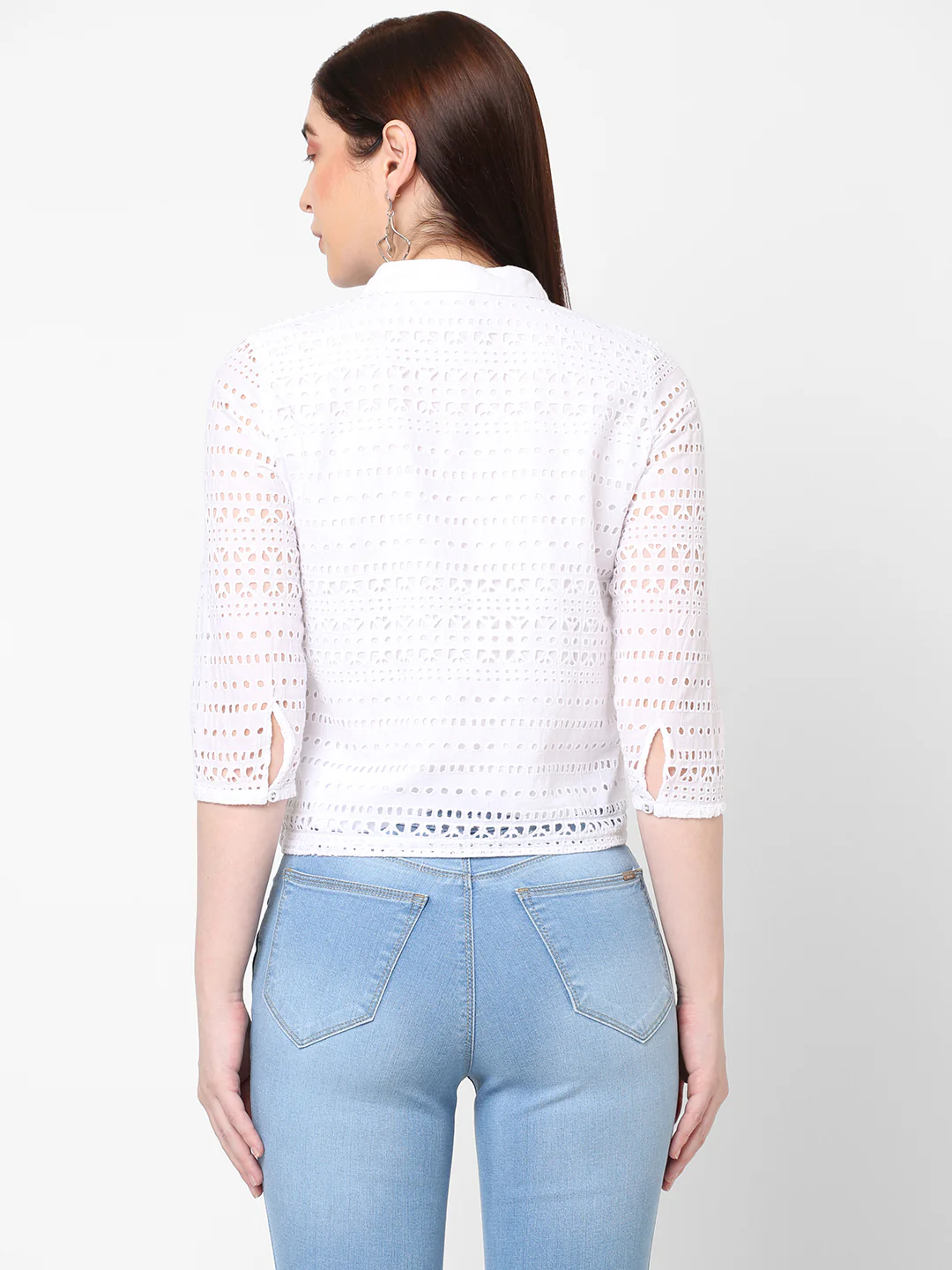Women Bleack/White Crop Schiffli Shirt - Image 3