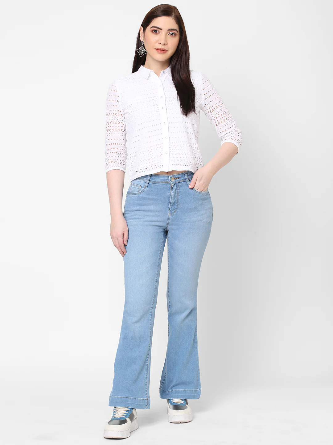 Women Bleack/White Crop Schiffli Shirt - Image 4