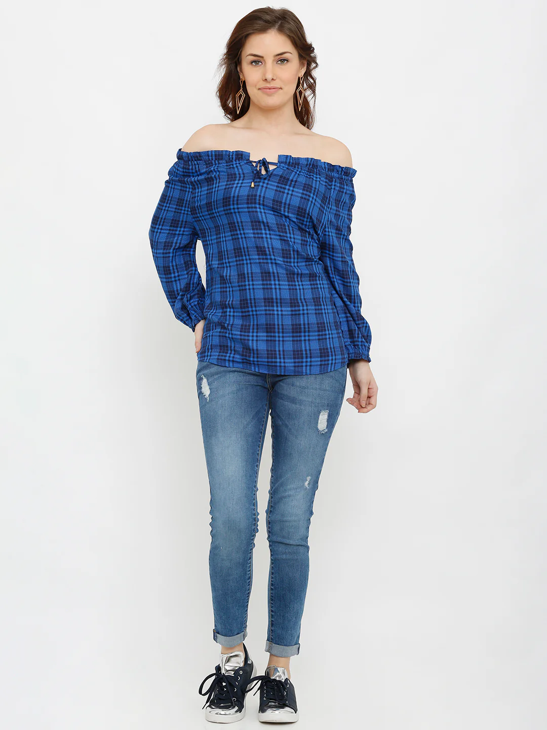 Women Blue/Black Off Shoulder Top