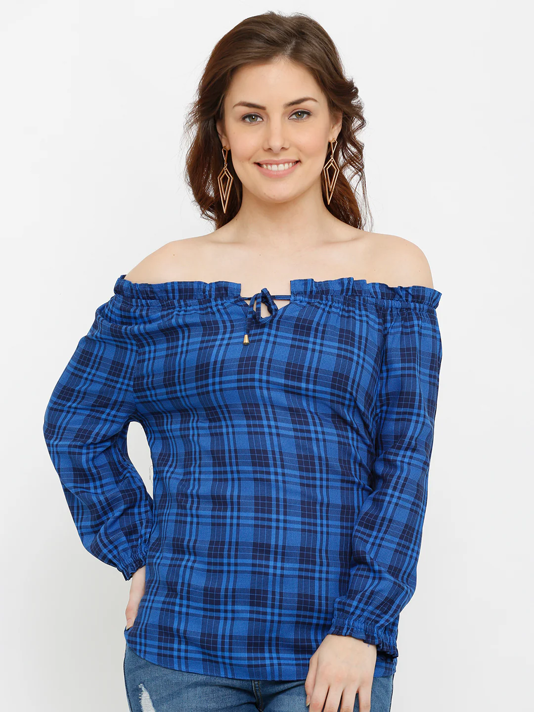 Women Blue/Black Off Shoulder Top - Image 2