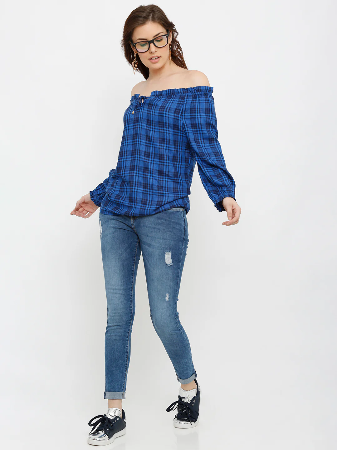 Women Blue/Black Off Shoulder Top - Image 4