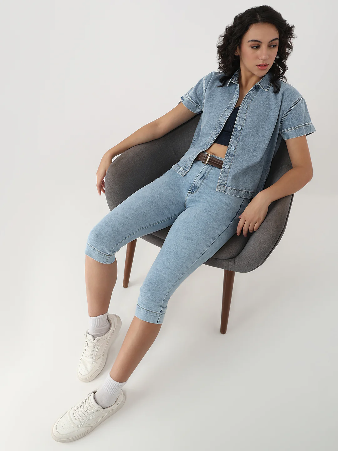Women Blue Crop Denim Shirt