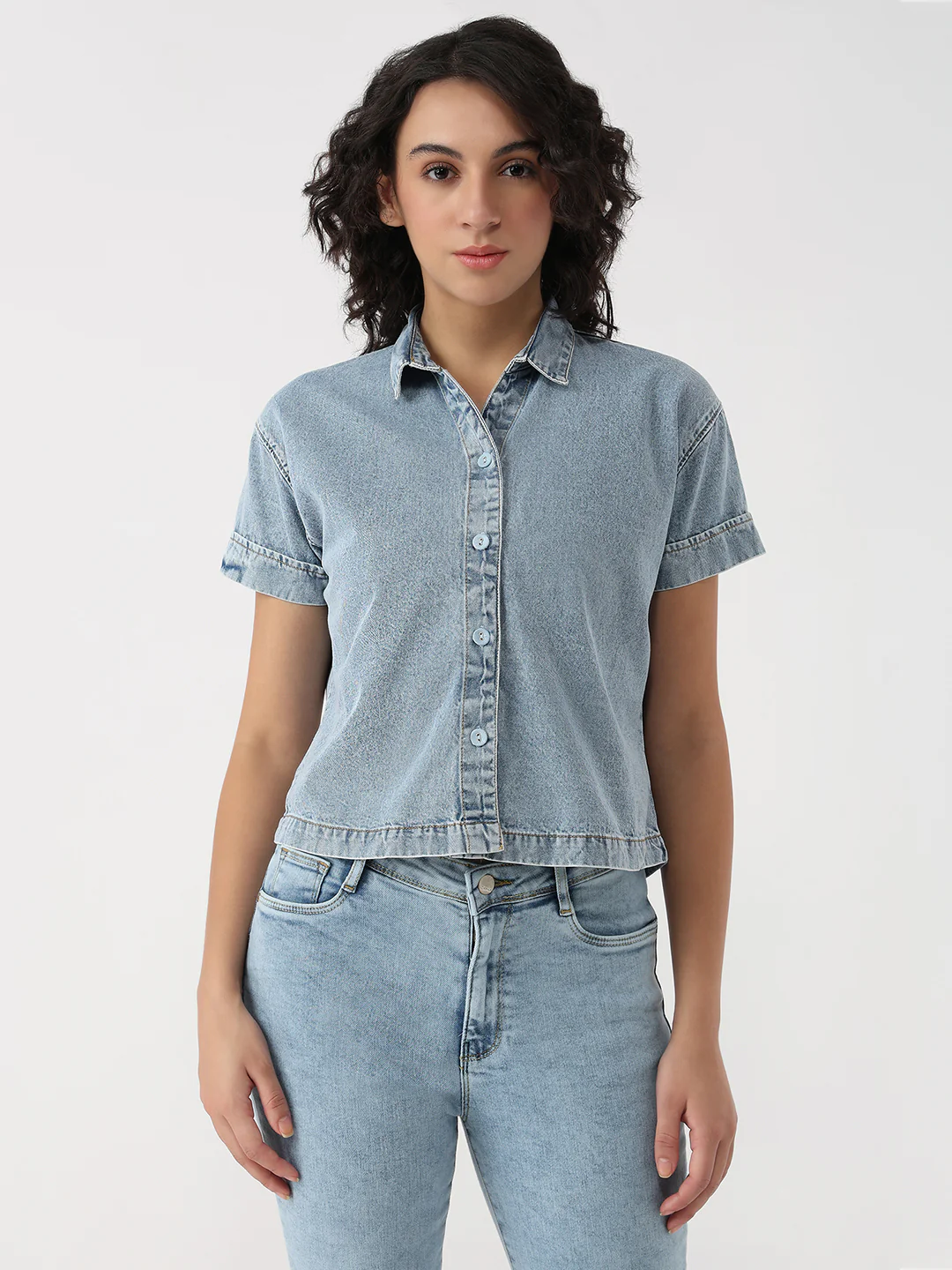 Women Blue Crop Denim Shirt - Image 2
