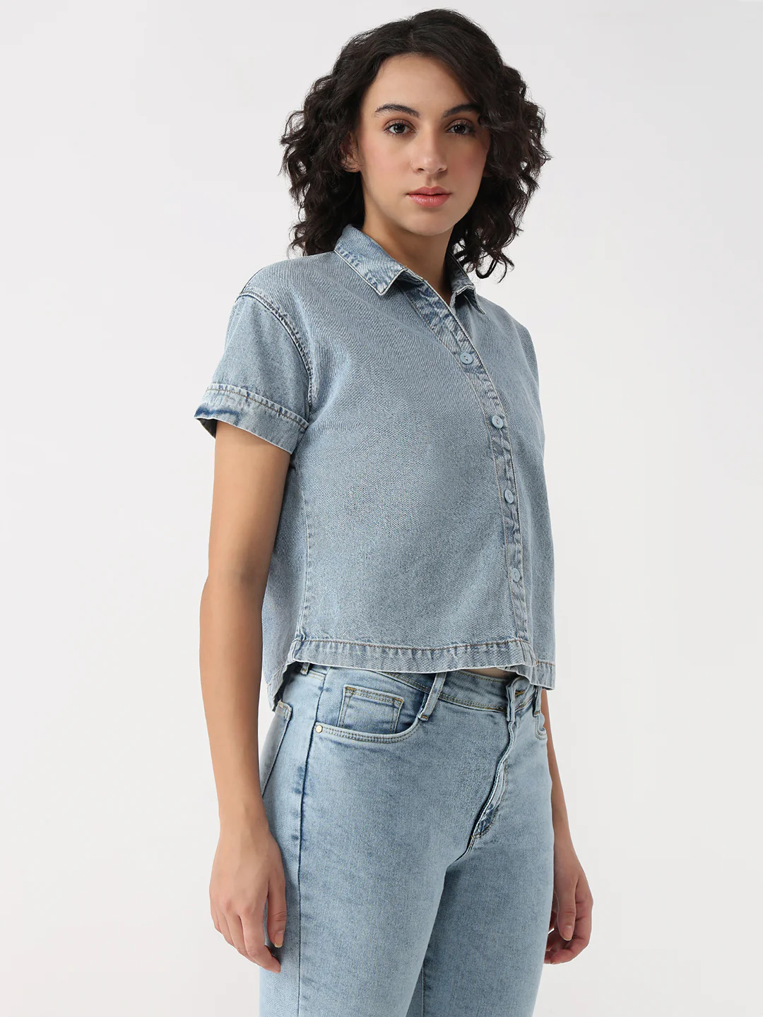 Women Blue Crop Denim Shirt - Image 4
