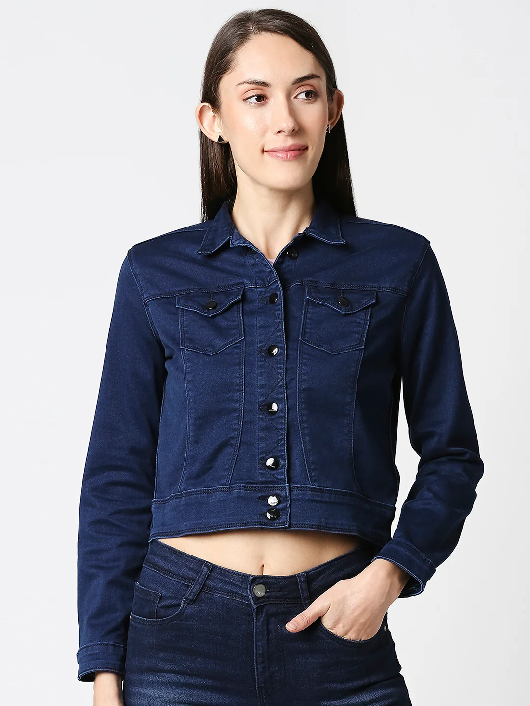 Women Blue Crop Jacket - Image 2