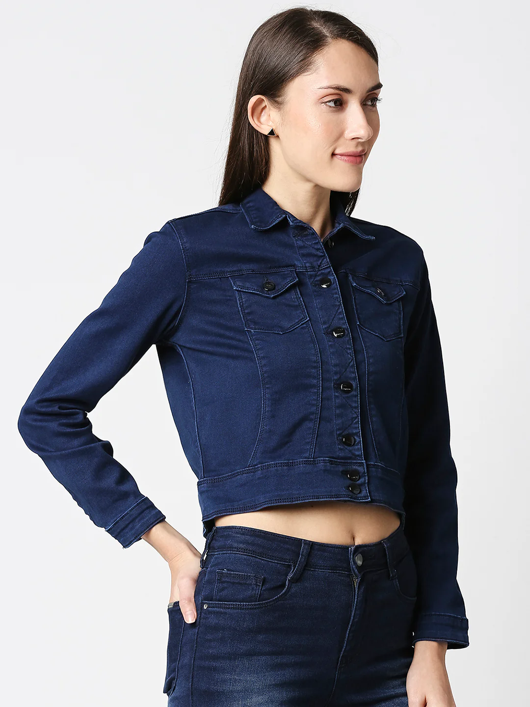 Women Blue Crop Jacket - Image 4