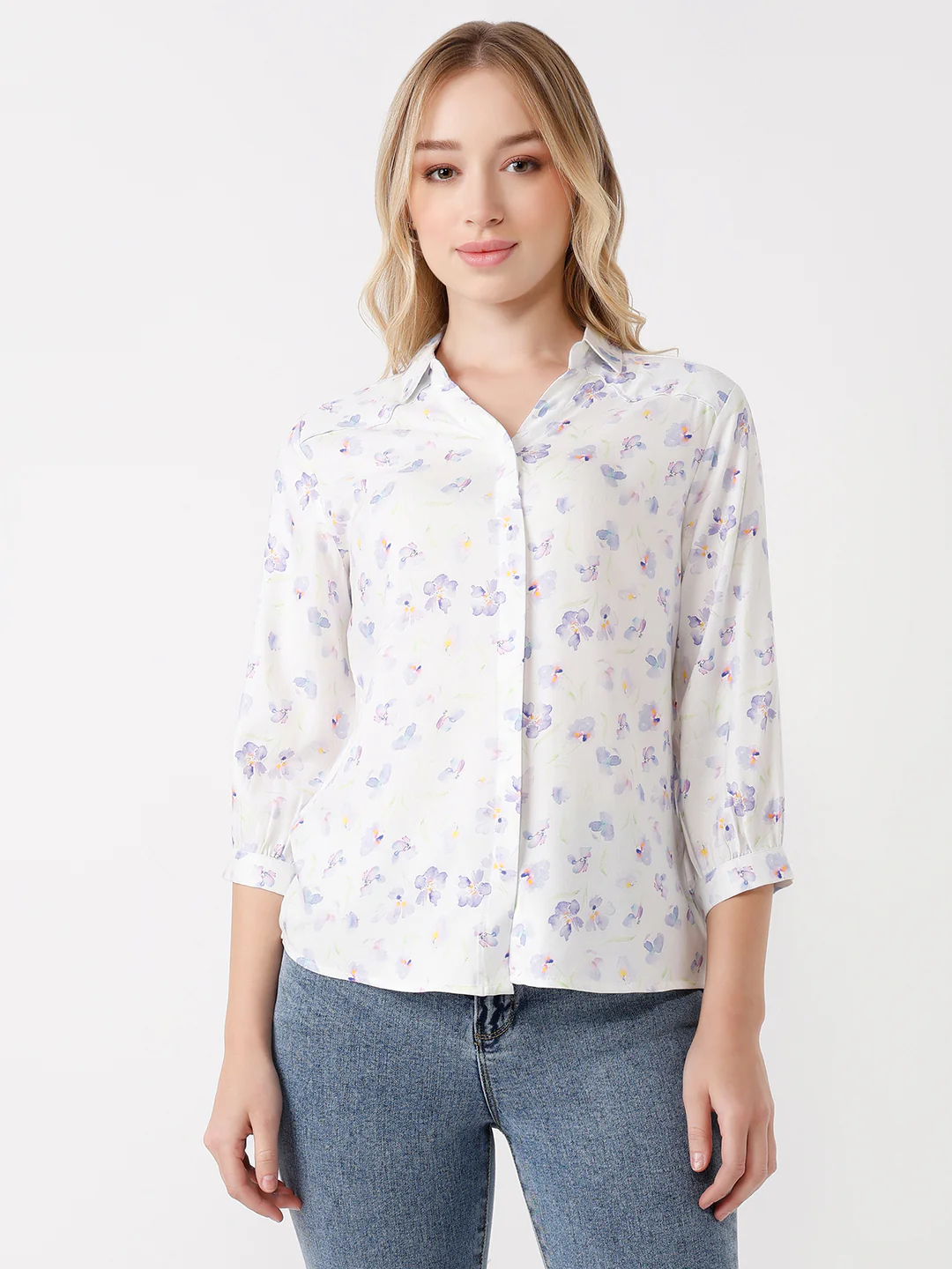 Women Blue Floral Print Shirt - Image 2