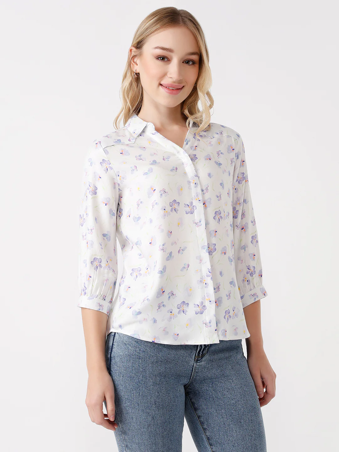 Women Blue Floral Print Shirt - Image 4
