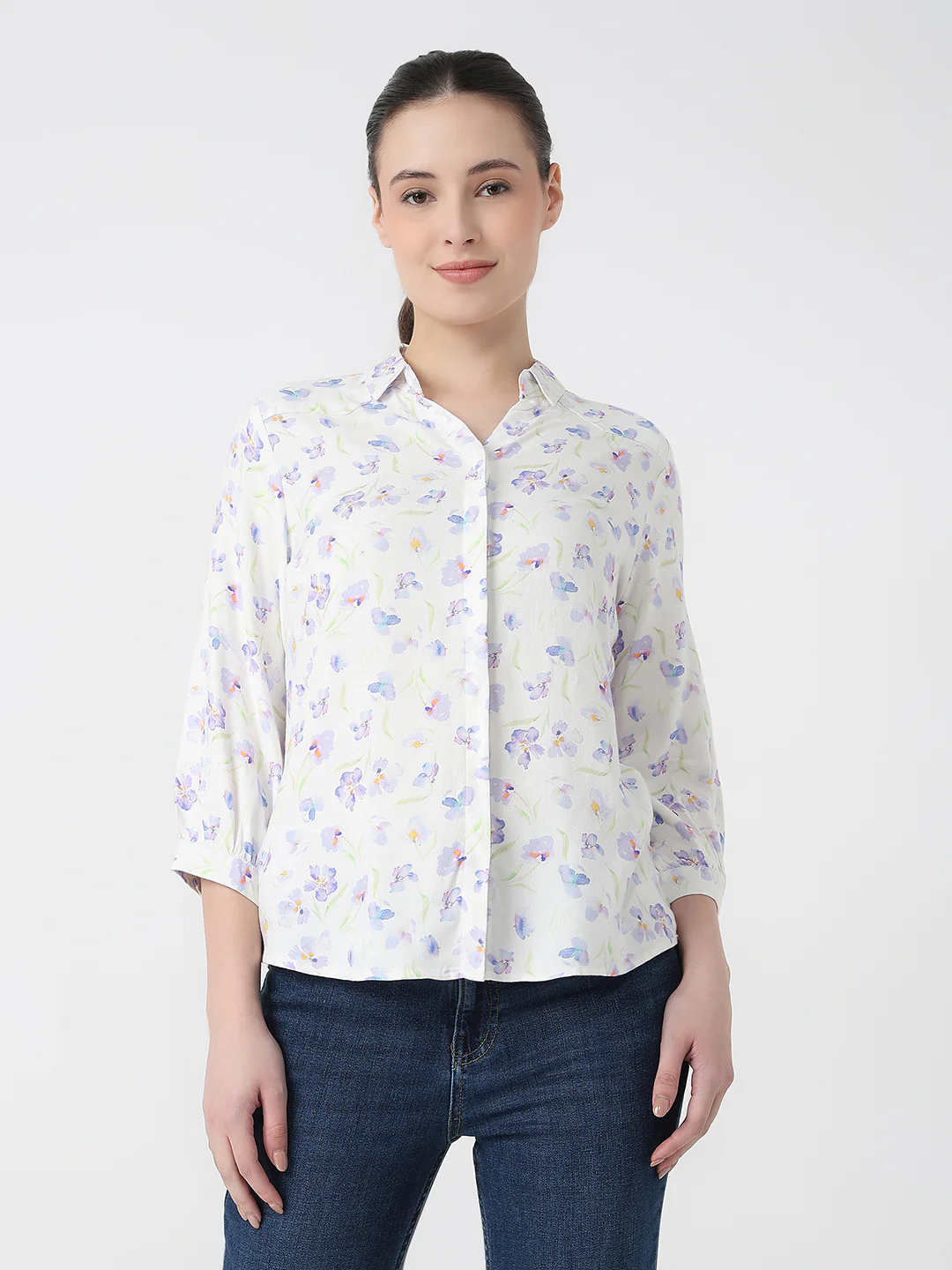 Women Blue Floral Slim Fit Shirt - Image 2