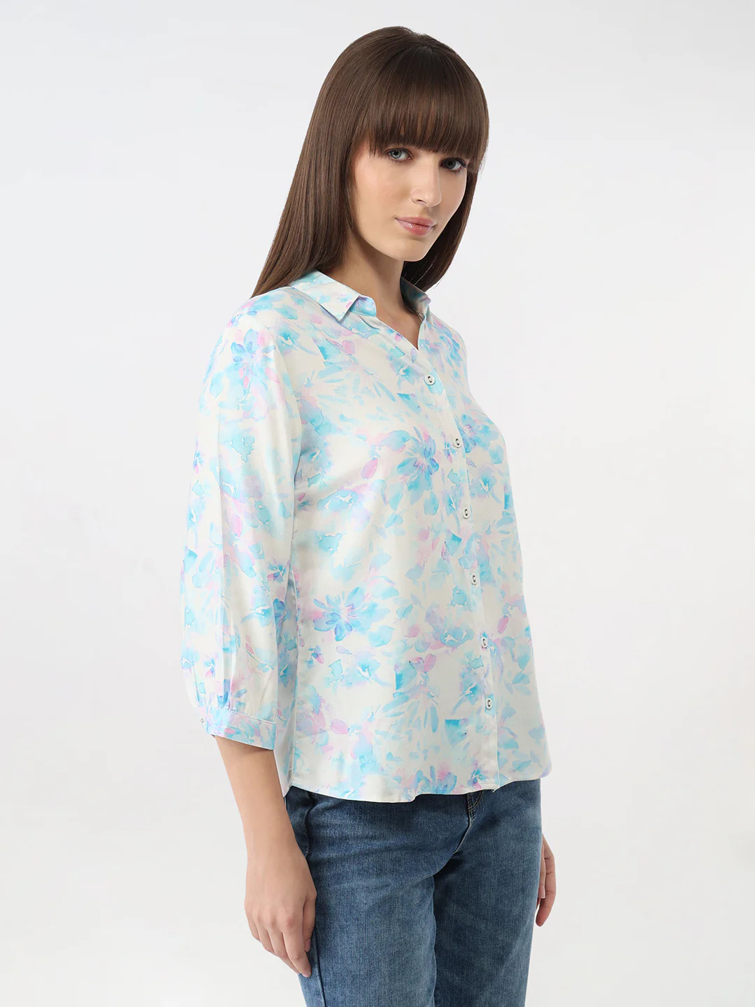Women Blue Floral Slim Shirt - Image 5